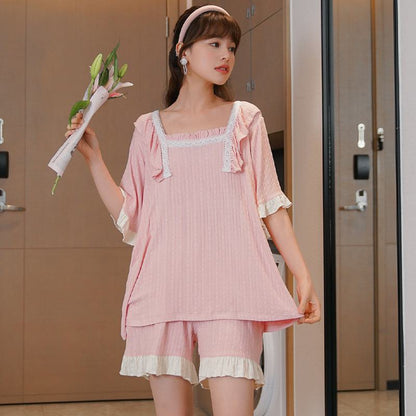 Einfaches Modal Rosa Plissee-Pyjama-Set