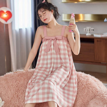 Cami Pink Bow Tie Cotton Plaid Night Dress