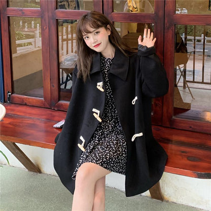 Thigh-Length Loose Fit Horn Toggle Wool Duffle Coat