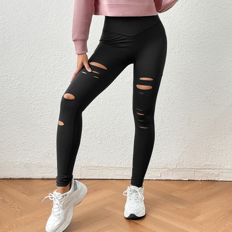 Sports Crossed Tight-Fitting Distressed Elasticity Yoga Fitness Sports Pants