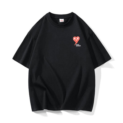 Camiseta de manga corta suelta con estampado versátil de corazón, en algodón puro y cómodo.
