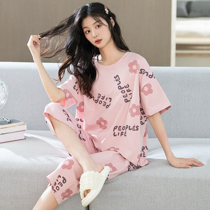 Pure Cotton Pink Letter Round Neck Pullover Flower Lounge Set