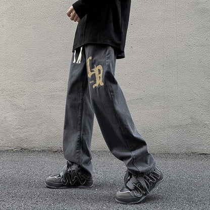 Jeans rectos de pierna ancha con bordado y letras, talle suelto (plus size)