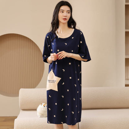 Contrasting Colors Blue Tightly Woven Pure Cotton Stars Lounge Dress