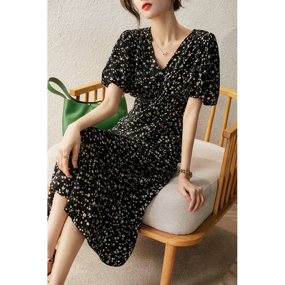 V-Neck Floral Print Bubble Sleeve French Style Dress