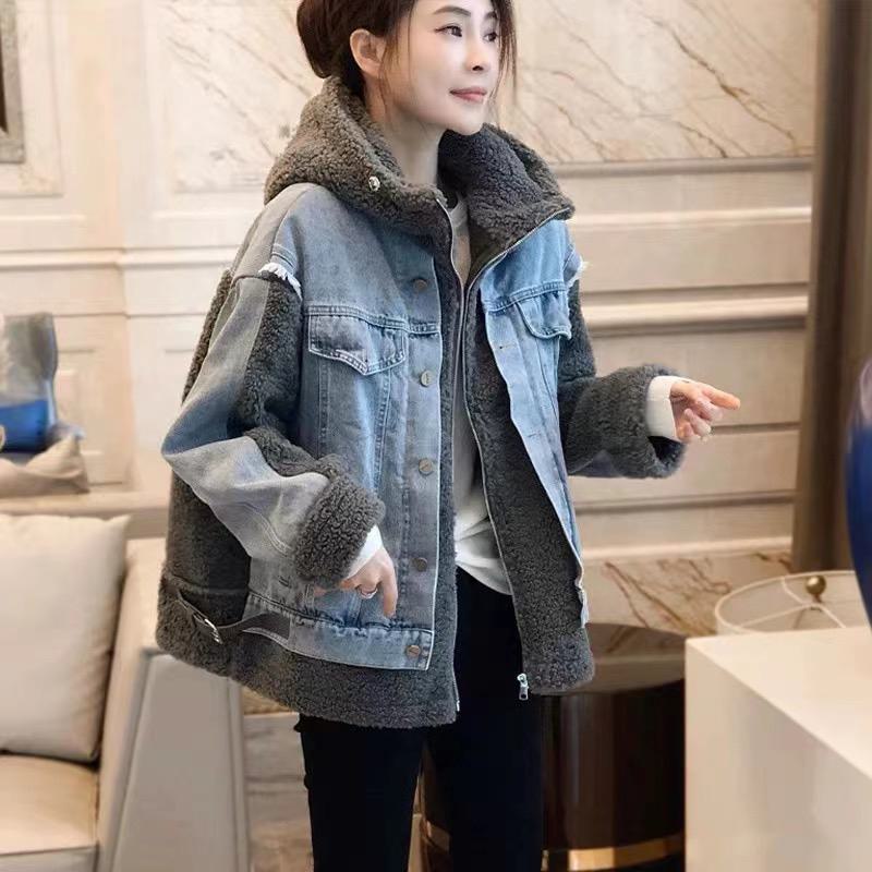 Thickened Patchwork Casual Hooded Faux Two-Piece Denim Jacket