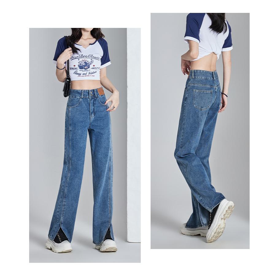 Loose Fit Thin Split Hem Straight Leg High-Waisted Jeans