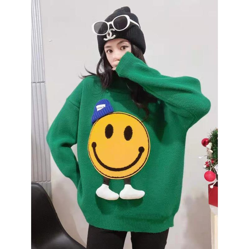 Patchwork Smiling Face Casual Loose Fit Sweater