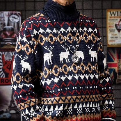 Pull tricoté droit et épais à col mi-haut tendance en rouge avec des rennes.