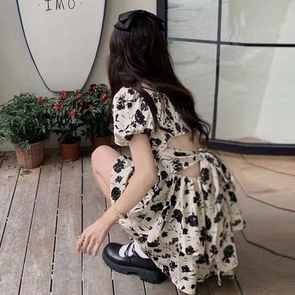 Retro Hollowed-Out Cinched Waist Tie-Up Floral Print Square Collar A-Line Bubble Sleeve Dress