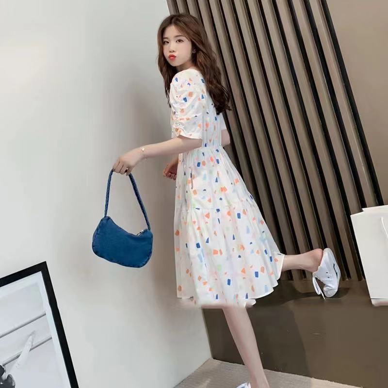Slimming Cinched Waist Loose Fit Floral Print A-Line Chiffon Fairy Slim-Fit Dress