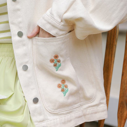 Pocket Flower Embroidery Loose Fit Washed Denim Jacket