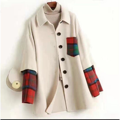 معطف صوف مختلط قابل للعكس بتصميم مزج الألوان والتصليحات