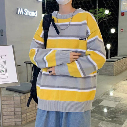 Round Neck Patchwork Loose-Fit Casual Knitted Stripe Sweater