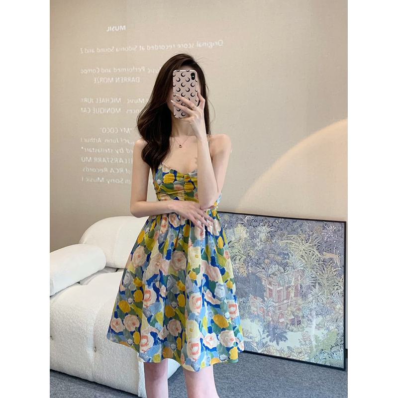 Niche Slimming Cinched Waist Floral Print Waist-Cinching Style French Style Dress