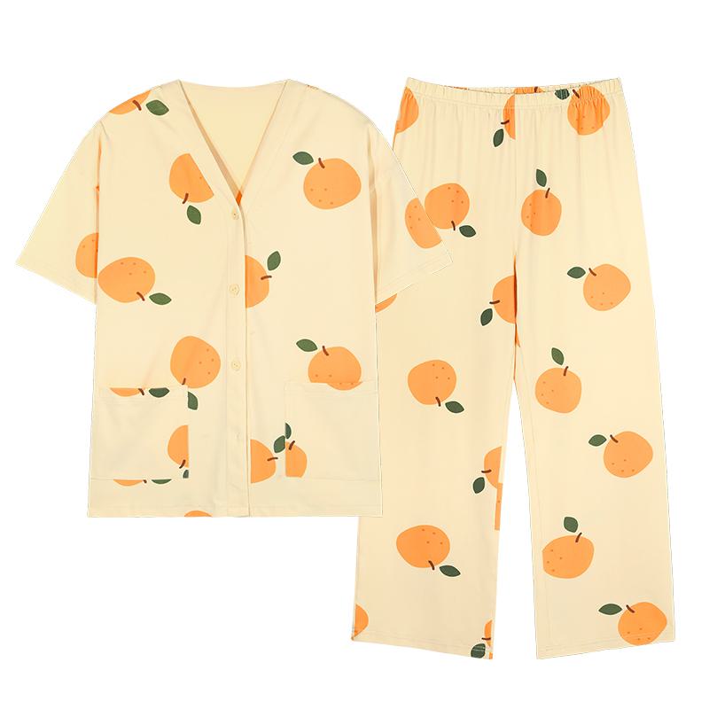 Ensemble pyjama en coton avec col en V et boutons devant style pomme