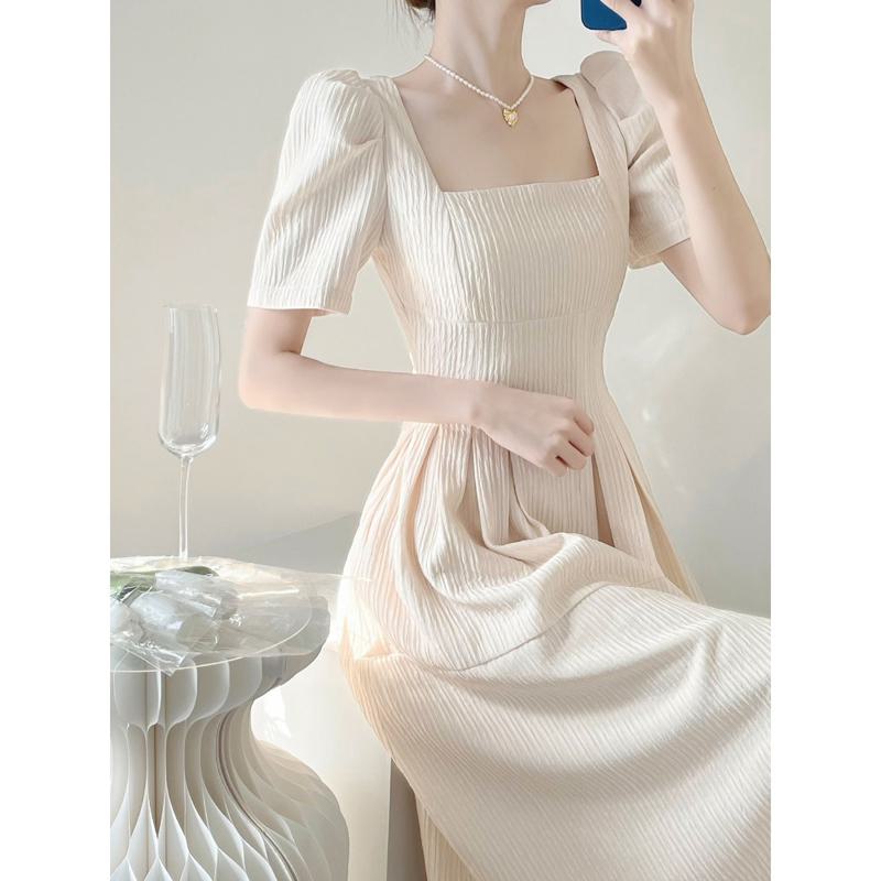 Retro Gentle Slimming Cinched Waist Slit Exquisite French Style Dress
