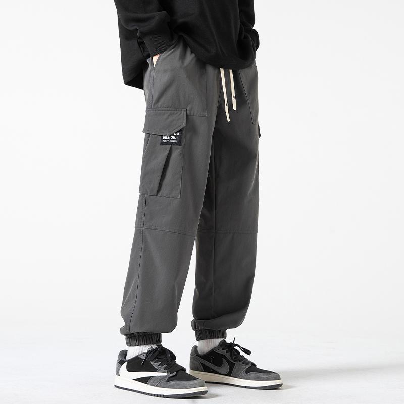 Street Style Elasticity Solid Color Loose Fit Bellows Pocket Tapered Pants