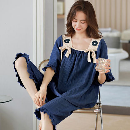 Flower Solid Color Cotton Square Collar Pleated Pj Set