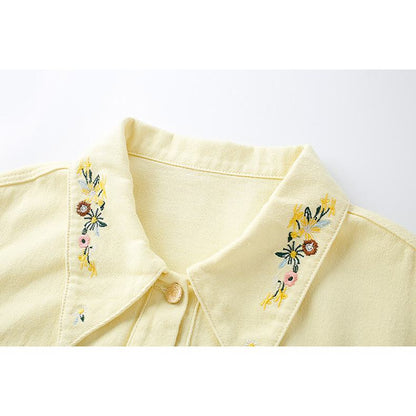 クロップトラペルカラーカジュアル刺繍ルーズフィットデニムジャケット