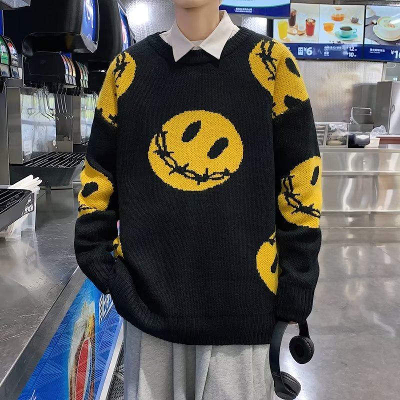 Pullover Smiling Face Loose Fit Thickened Black Sweater