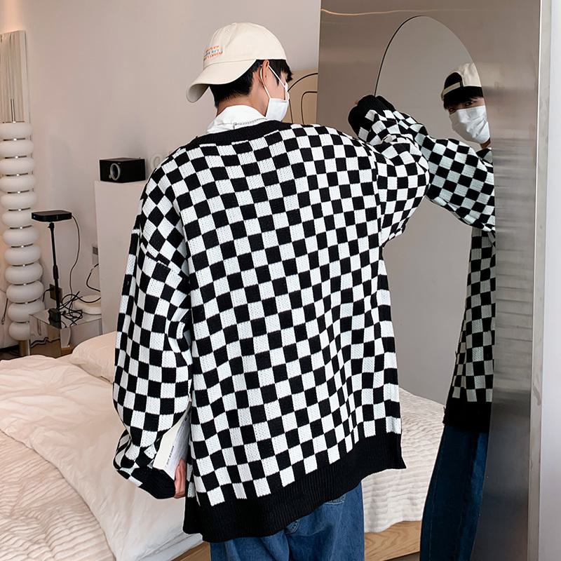 Trendiger Color-Block-Cardigan, locker gestrickter Schachbrettpullover