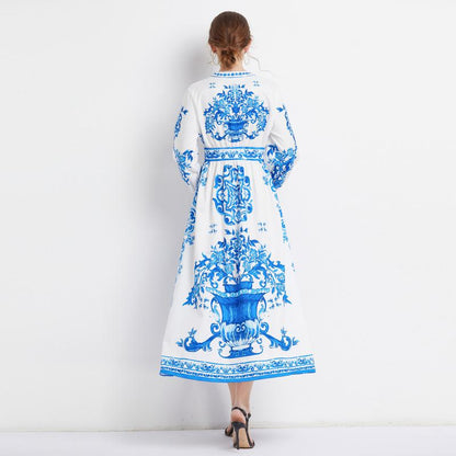 Retro Slimming V-Neck Full Skirt Style High-Waisted Vacation Print Dress