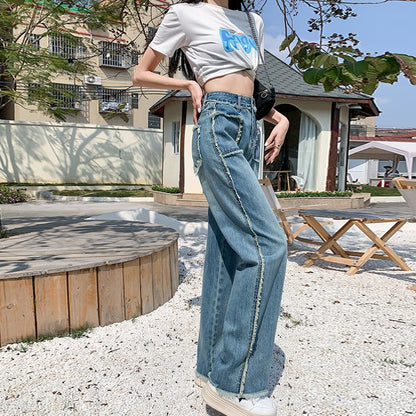 Slimming Draping Loose Fit Straight High-Waisted Thin Jeans