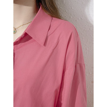 Chemise décontractée rouge en coton pur à manches longues et coupe ample, polyvalente.