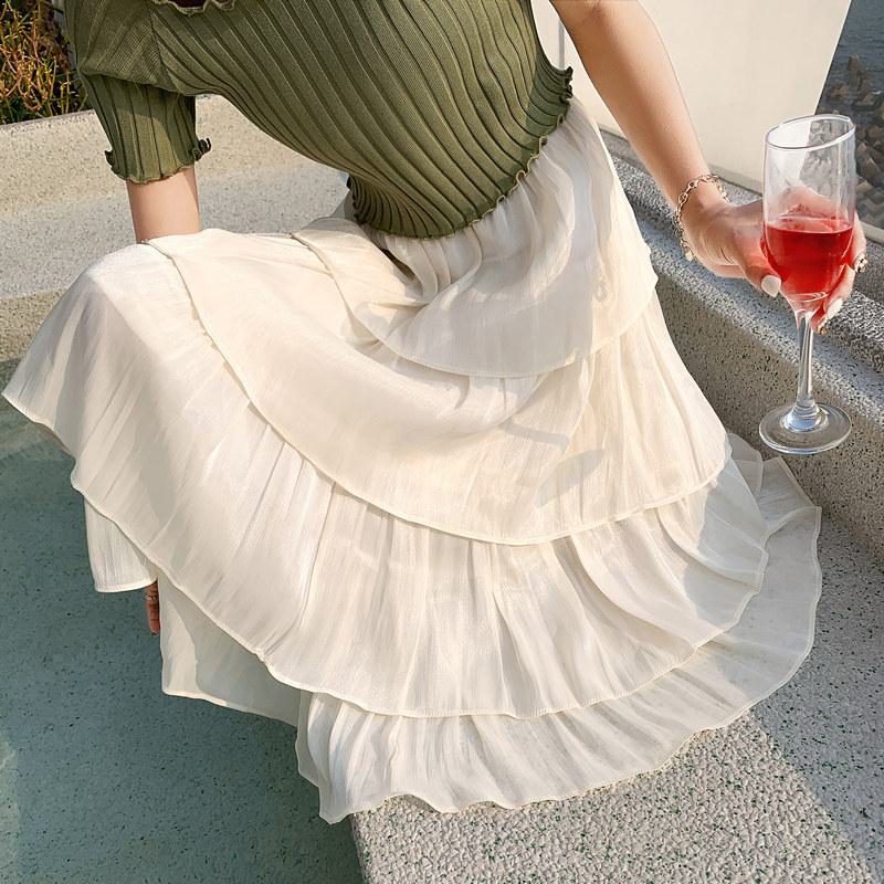 High-Waisted Glossy Pleated Pearl Luster Layered Midi Skirt