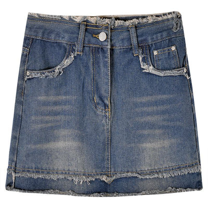 High-Waisted Petite Frayed Edge Bodycon Denim Skirt