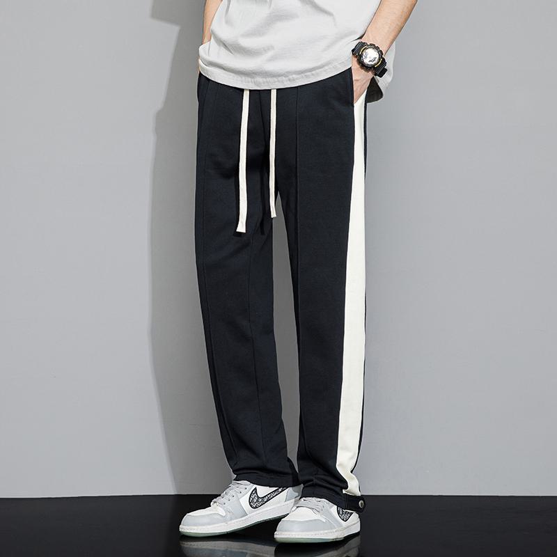 Black Stripe Casual Sports Patchwork Side Loose Fit Straight Pants