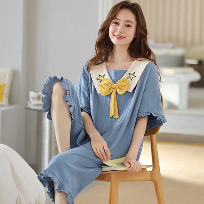 Conjunto de pijama de algodón con lazo azul y estampado de estrellas plisado