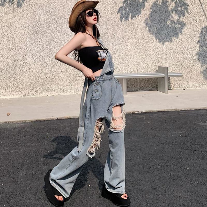 Denim Overalls Workwear Distressed Straight Thin Loose Fit Jeans