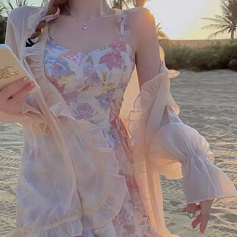 Zweiteiliges Kleid mit floralen Drucken aus Chiffon im französischen Stil und sanftem Sonnenschutz