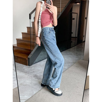 Slimming Frayed Edge Straight High-Waisted Wide-Leg Jeans