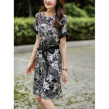 Cinched Waist Tie-Up Ink Painting Print Black And White Dress