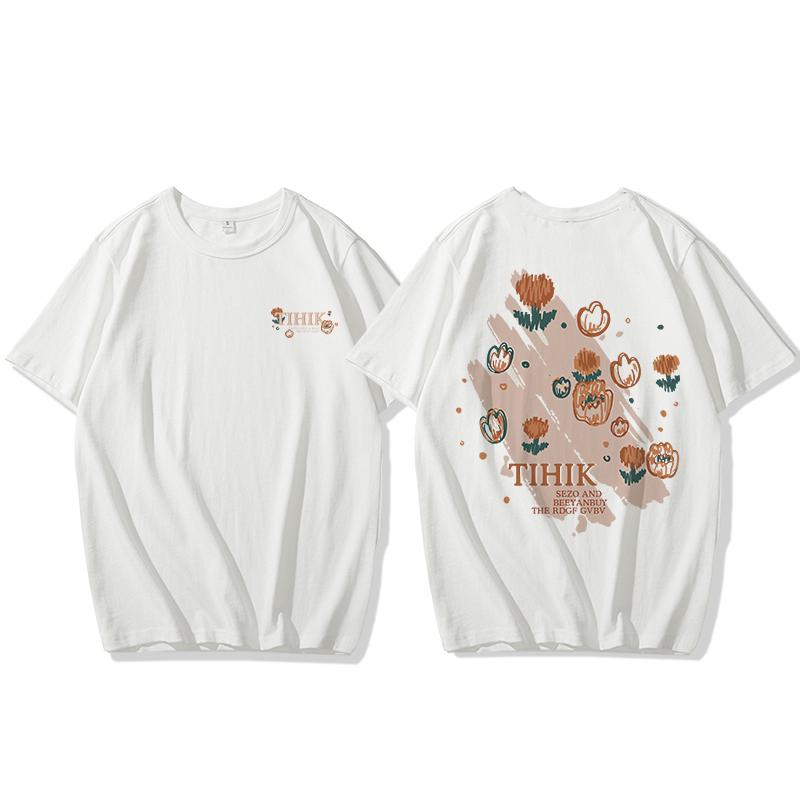 T-shirt à manches courtes ample style Harajuku chic rétro, avec fleurs et effet anti-âge.