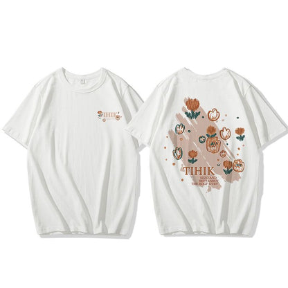 T-shirt à manches courtes ample style Harajuku chic rétro, avec fleurs et effet anti-âge.