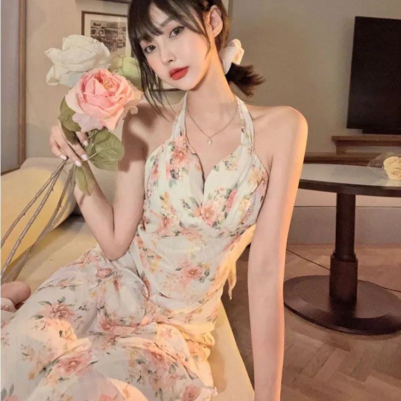 Vestido de cintura fruncida estilo francés elegante con estampado floral y cuello halter "First Love Niche"