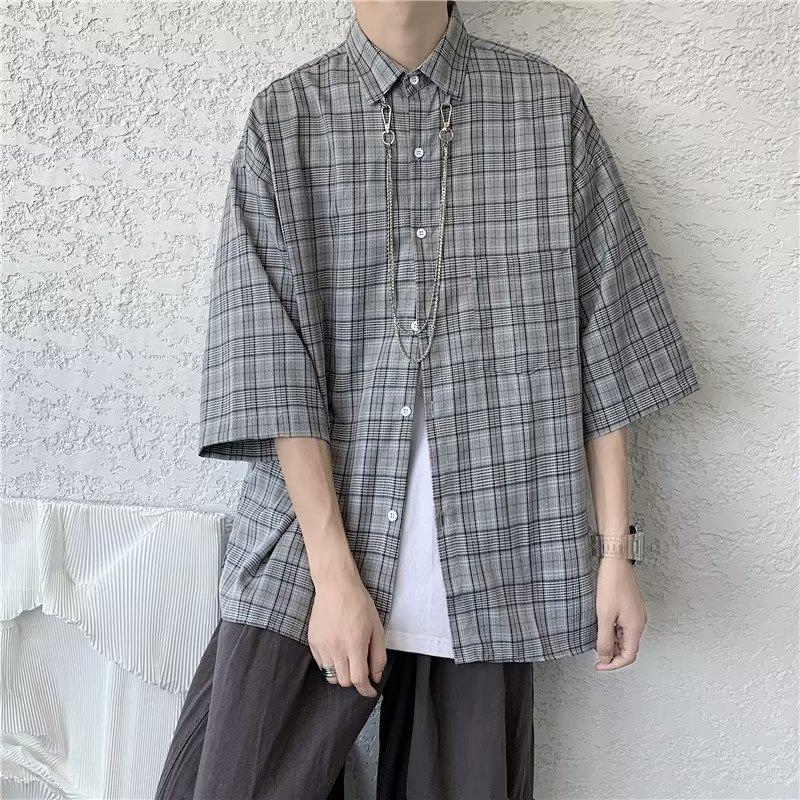 Elegante Camisa de Manga Corta a Cuadros de Moda Artística y Versátil con Estándar de Combinación de Telas