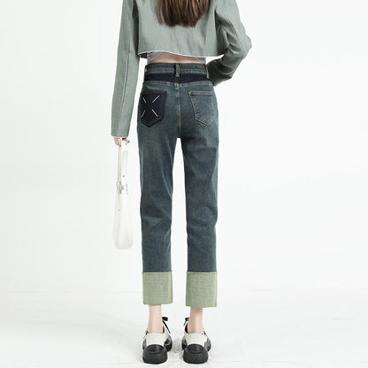 Weite High-Waisted Wide-Leg Jeans mit Farbblockierung und lockeren Taschen