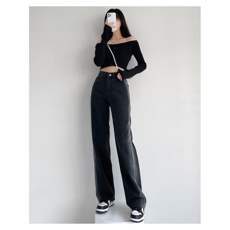Casual Floor-Length Gradient Color Blocking Loose Fit Straight High-Waisted Wide-Leg Jeans