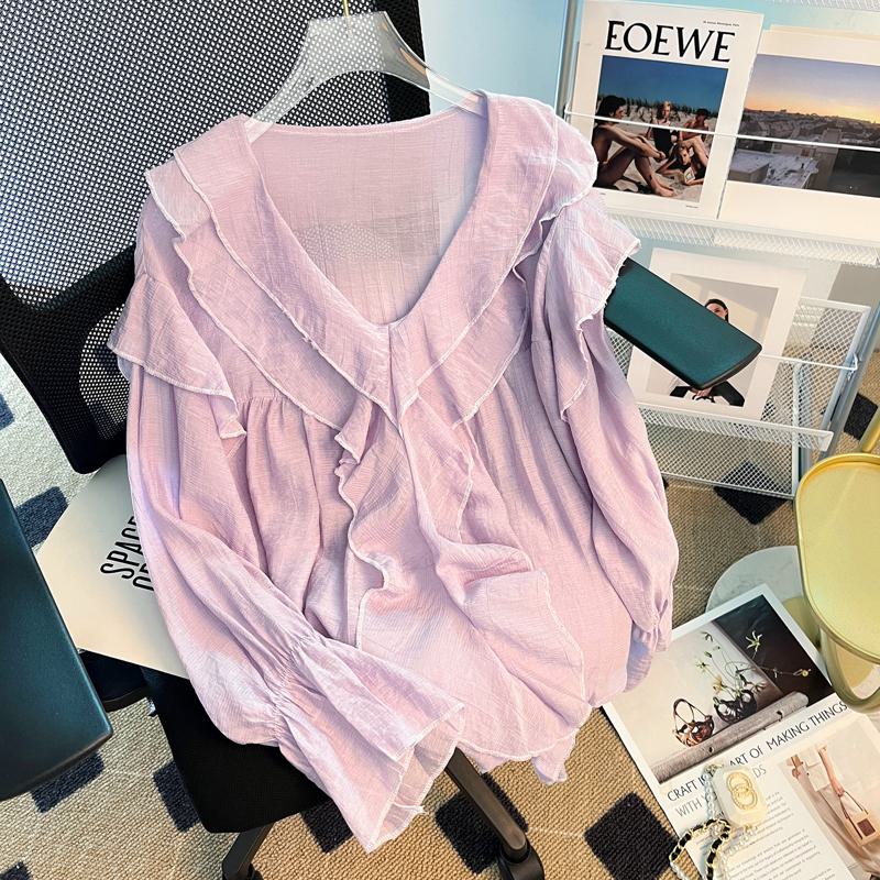 Bluse mit dünnen Blasenärmeln, Sonnenschutz und Rüschenverzierung aus Chiffon