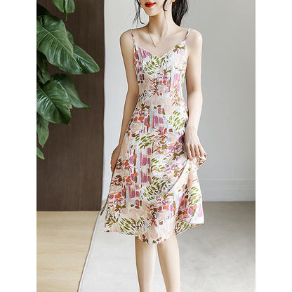 French Style Floral Print Oil Painting Print Dress