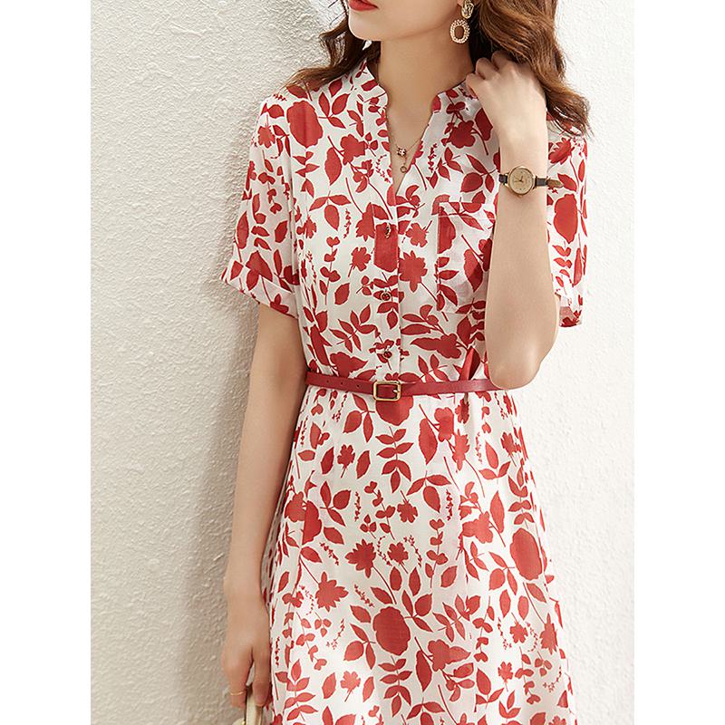 V-Neck Pure Cotton Floral Print Waist Belt Cinched Waist Dress