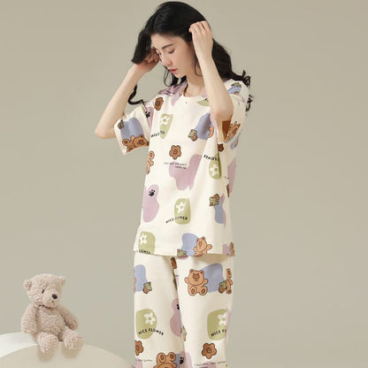 Round Neck Tightly Woven Pure Cotton Cartoon Bear Pattern Lounge Set