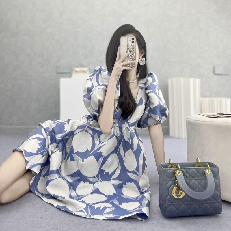 Floral Print Thin French Style Fairy Bubble Sleeve Dress