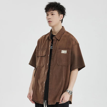 Loose Fit Casual Unisex Washed Out Retro Short Sleeve Shirt