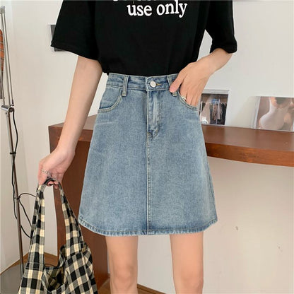 High-Waisted Versatile Embroidery A-Line Denim Skirt